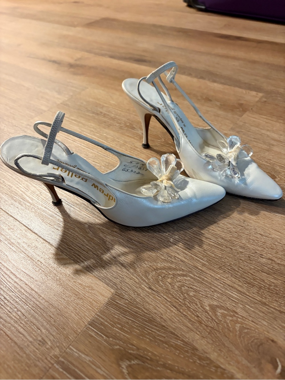 VINTAGE Andrew Geller White Slingback Heels with Crystal Accent